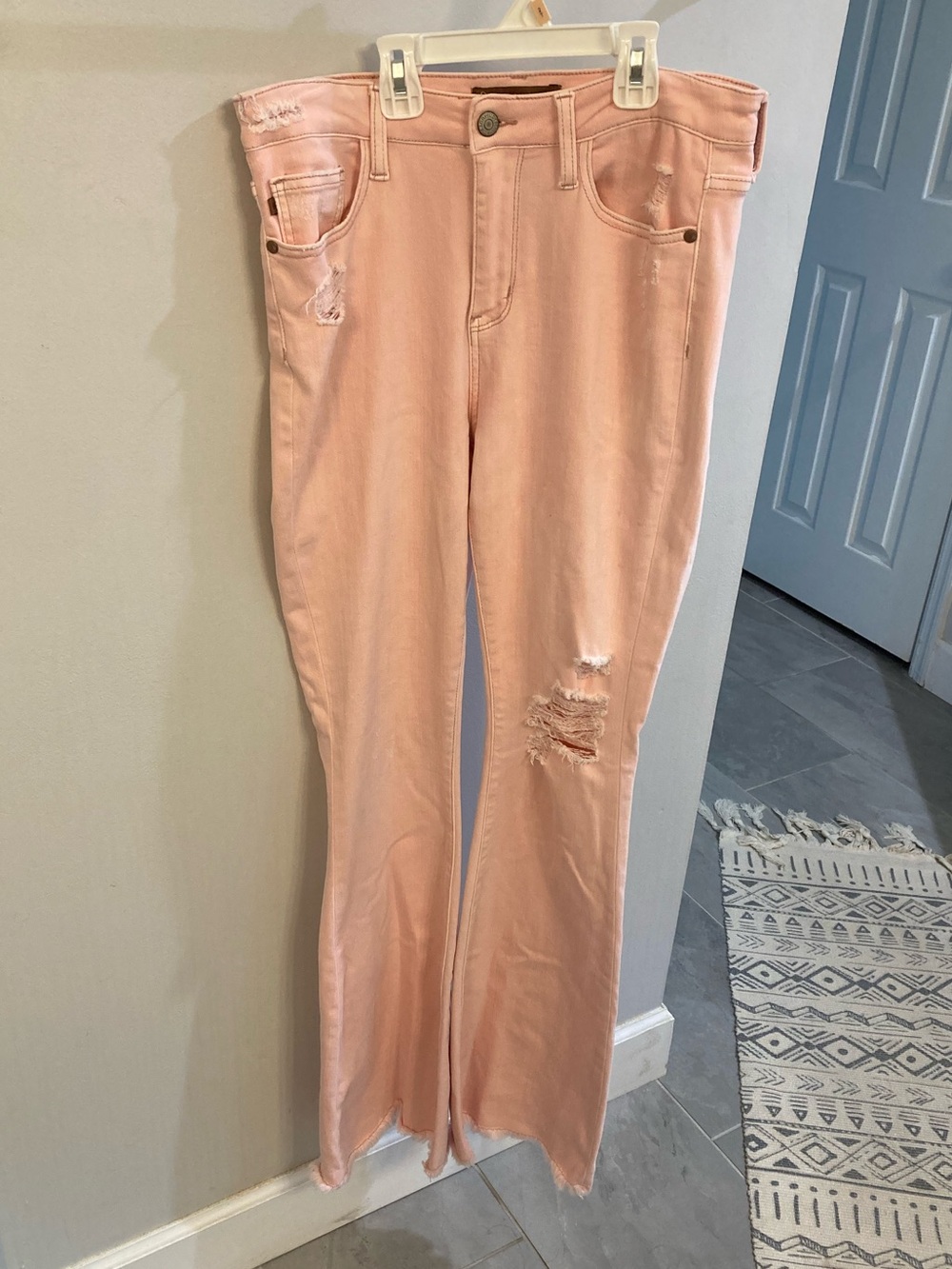 Judy Blue Flare Jeans Womens 9/29 Pink Flares Distressed Fringe Garment Dyed